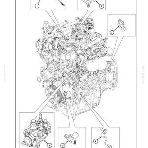 Op de afbeelding: Gedetailleerde diagram van een motor, met markeringen voor elektrische systemen, kabelbomen en connectoren. De afbeelding bevat genummerde verwijzingen naar verschillende componenten, waaronder sensoren en bedrading.