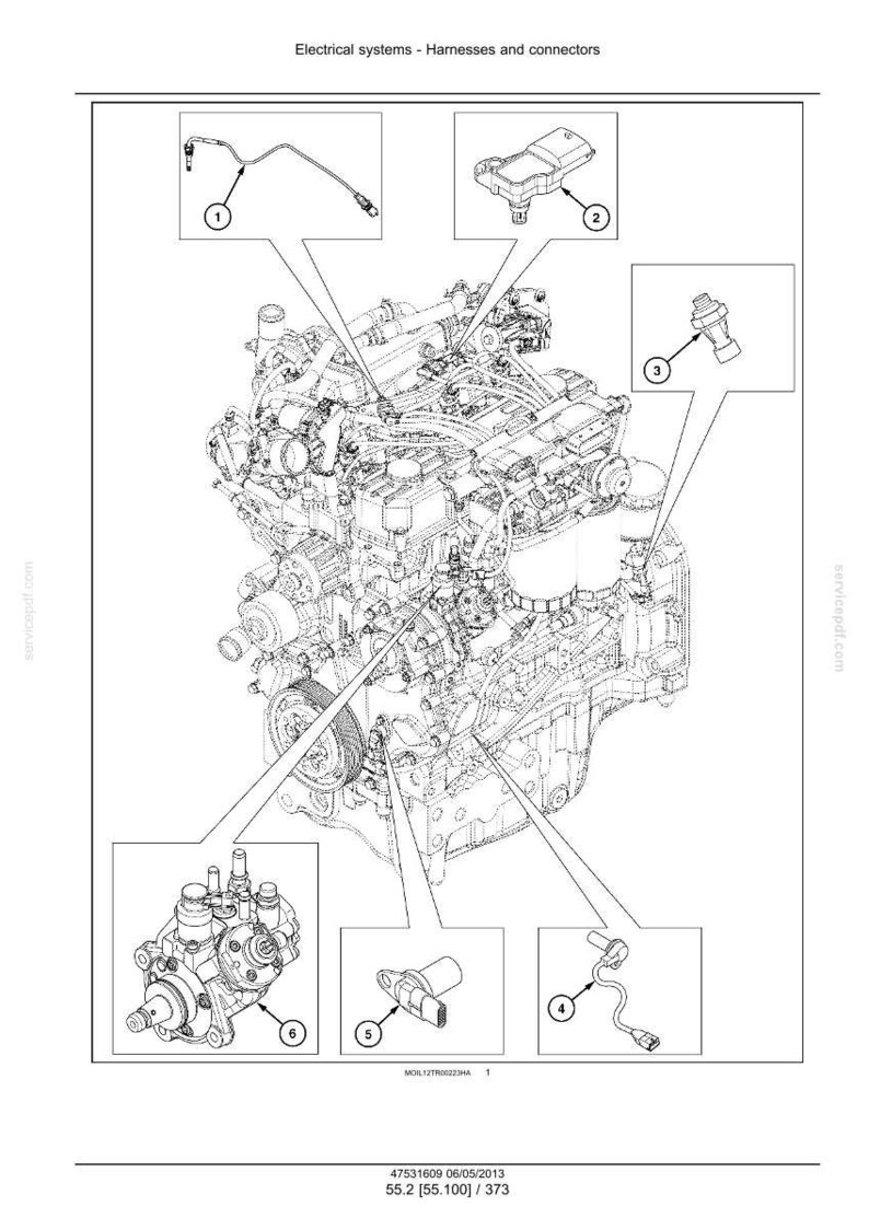 Op de afbeelding: Gedetailleerde diagram van een motor, met markeringen voor elektrische systemen, kabelbomen en connectoren. De afbeelding bevat genummerde verwijzingen naar verschillende componenten, waaronder sensoren en bedrading.