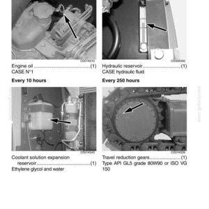 May include: Technical diagram illustrating engine oil, hydraulic reservoir, coolant reservoir, and travel reduction gears. Text details maintenance schedules and fluid specifications. The image is a technical drawing.