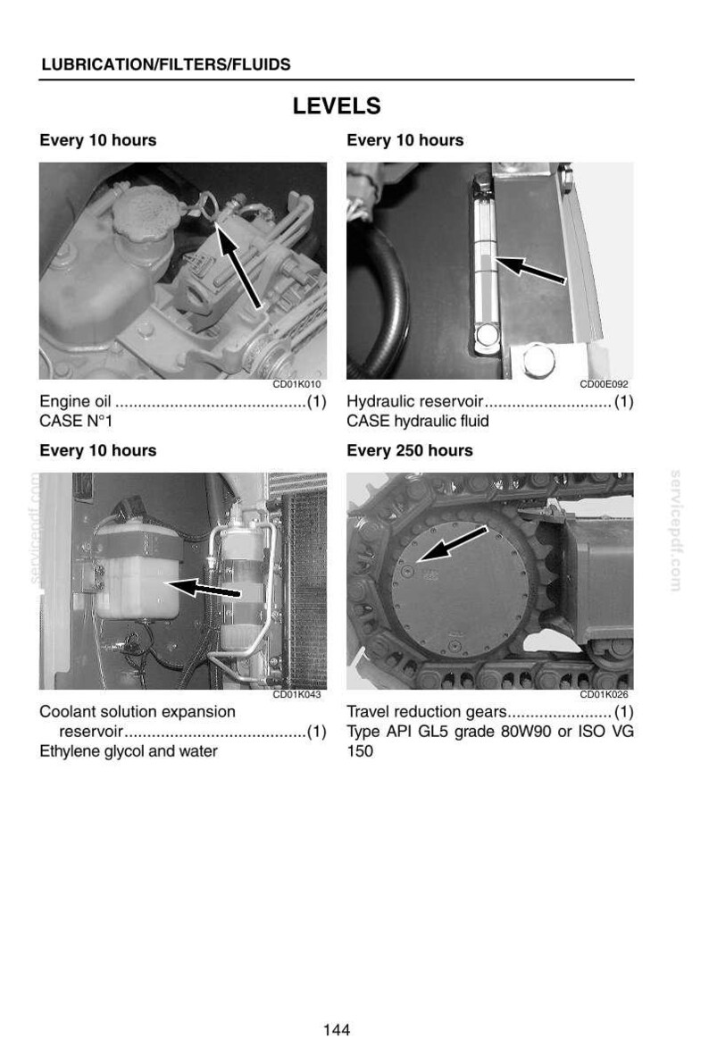 May include: Technical diagram illustrating engine oil, hydraulic reservoir, coolant reservoir, and travel reduction gears. Text details maintenance schedules and fluid specifications. The image is a technical drawing.