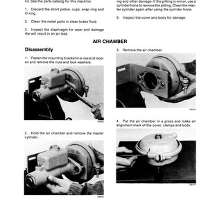 Pode incluir: Imagem em tons de cinza de um manual mostrando a desmontagem e inspe&ccedil;&atilde;o de uma c&acirc;mara de ar. O texto inclui instru&ccedil;&otilde;es para remover pe&ccedil;as e verificar danos. A imagem mostra close-ups dos componentes.