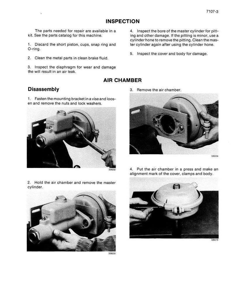 Pode incluir: Imagem em tons de cinza de um manual mostrando a desmontagem e inspe&ccedil;&atilde;o de uma c&acirc;mara de ar. O texto inclui instru&ccedil;&otilde;es para remover pe&ccedil;as e verificar danos. A imagem mostra close-ups dos componentes.