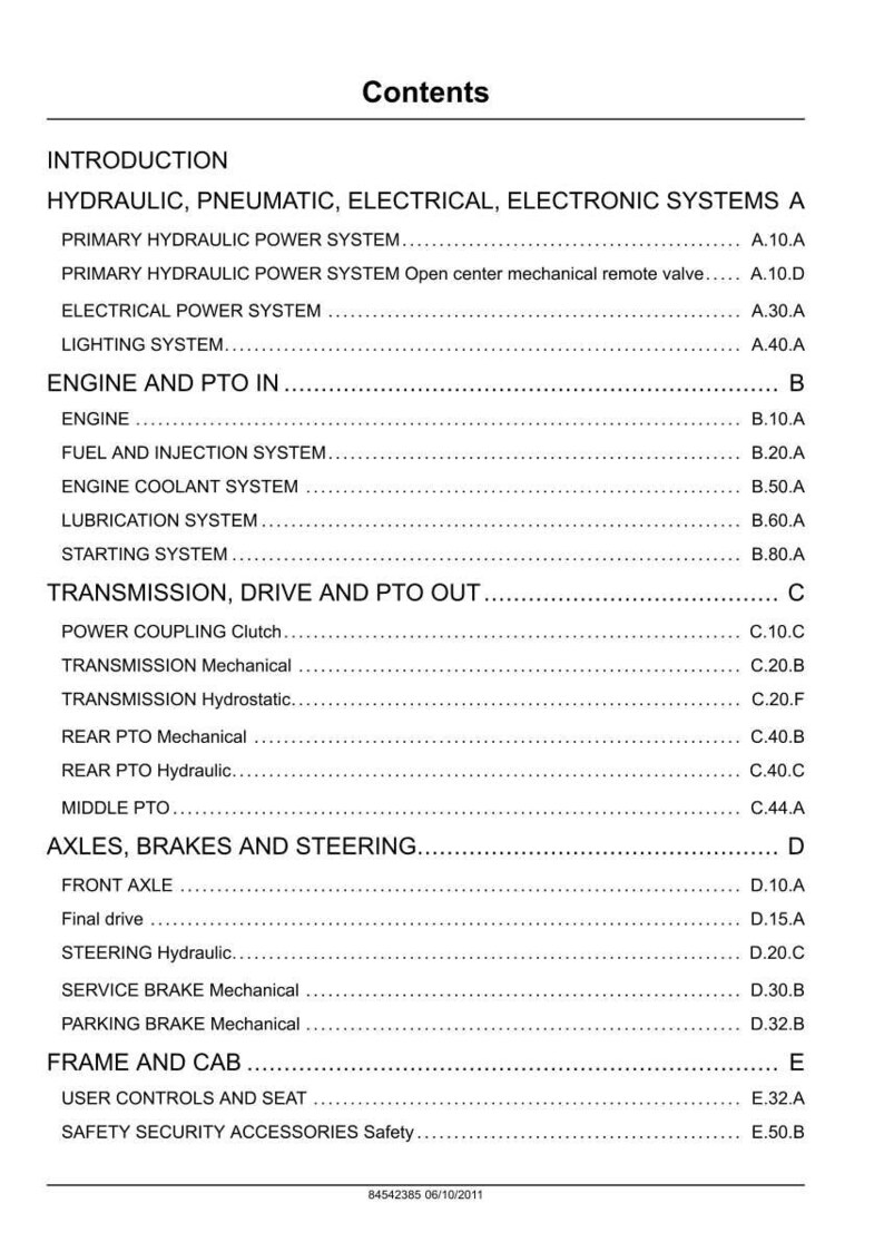 K&ouml;nnte beinhalten: Eine Seite aus einem Handbuch mit dem Titel "Inhaltsverzeichnis", die eine Liste von Systemen und Komponenten enth&auml;lt, darunter Hydraulik-, Elektro- und Motorsysteme. Das Dokument ist in schwarzer Schrift auf wei&szlig;em Hintergrund gedruckt.