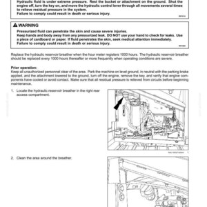 Puede incluir: Diagrama de un respiradero de dep&oacute;sito hidr&aacute;ulico con advertencias de seguridad e instrucciones de mantenimiento. La imagen incluye texto e ilustraciones que detallan los procedimientos y precauciones para el mantenimiento del equipo. El texto incluye advertencias sobre el fluido hidr&aacute;ulico a presi&oacute;n.