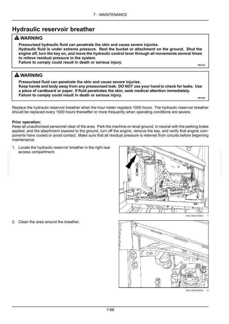 Puede incluir: Diagrama de un respiradero de dep&oacute;sito hidr&aacute;ulico con advertencias de seguridad e instrucciones de mantenimiento. La imagen incluye texto e ilustraciones que detallan los procedimientos y precauciones para el mantenimiento del equipo. El texto incluye advertencias sobre el fluido hidr&aacute;ulico a presi&oacute;n.