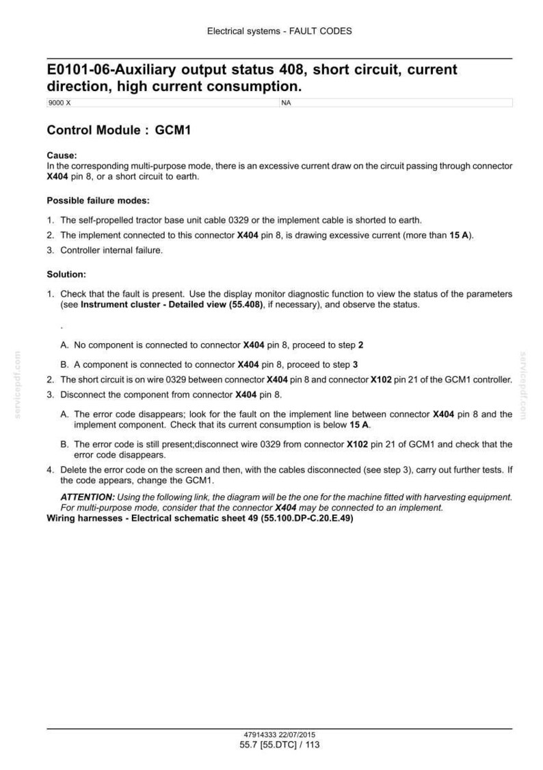 May include: A document detailing fault codes for electrical systems, specifically E0101-06, with information on short circuits and high current consumption. Includes troubleshooting steps, possible failure modes, and wiring harness details.