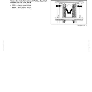 May include: Diagram of mast chain roller grease fittings with arrows indicating grease points. Text includes instructions for greasing the rollers with TUTELA MULTI-PURPOSE EP GREASE 251H, GR-9, and mentions two and four grease fittings.