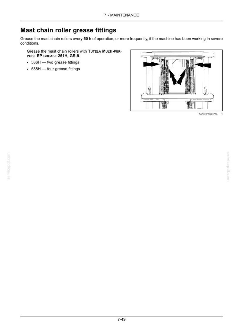 May include: Diagram of mast chain roller grease fittings with arrows indicating grease points. Text includes instructions for greasing the rollers with TUTELA MULTI-PURPOSE EP GREASE 251H, GR-9, and mentions two and four grease fittings.