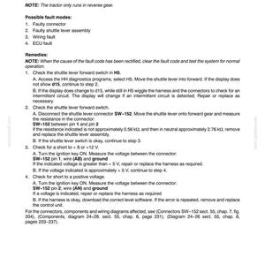 May include: A technical document page titled Section 55 Electrical System Chapter 9, detailing fault code 2070 regarding voltage from the forward speed switch of the shuttle lever. It lists possible fault modes, remedies, and testing procedures.