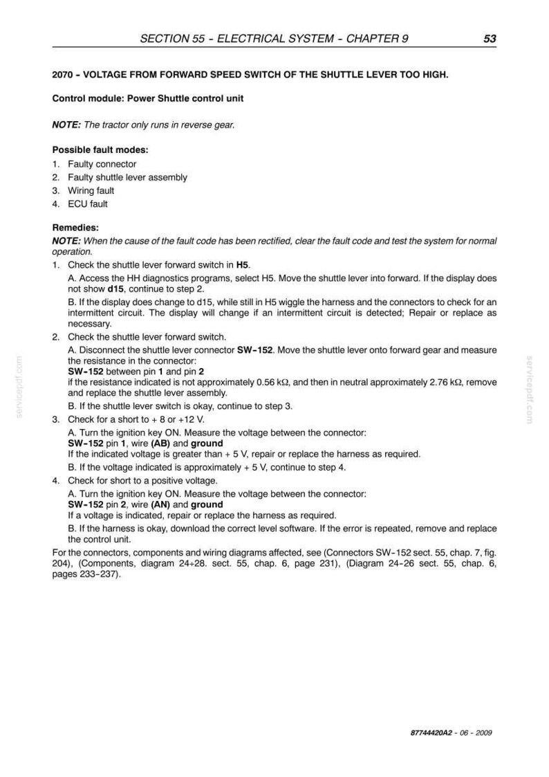 May include: A technical document page titled Section 55 Electrical System Chapter 9, detailing fault code 2070 regarding voltage from the forward speed switch of the shuttle lever. It lists possible fault modes, remedies, and testing procedures.