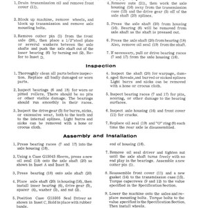 May include: A printed page from a manual titled "RIGID AXLES AND FINAL DRIVE." The text details removal, disassembly, inspection, assembly, and installation procedures. Diagrams and part numbers are included.