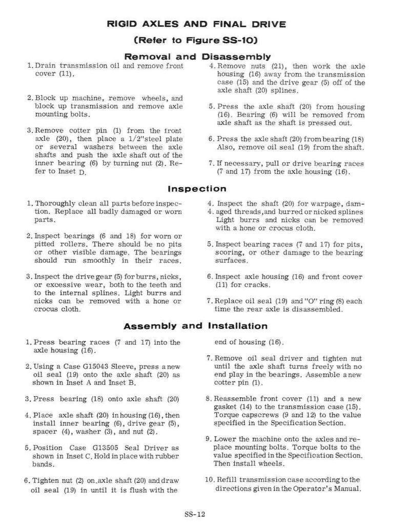 May include: A printed page from a manual titled "RIGID AXLES AND FINAL DRIVE." The text details removal, disassembly, inspection, assembly, and installation procedures. Diagrams and part numbers are included.