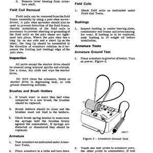May include: A page from a manual with text and diagrams detailing armature ground tests. The image includes a diagram of a testing device with probes connected to a cylindrical component, and text describing the testing procedure.