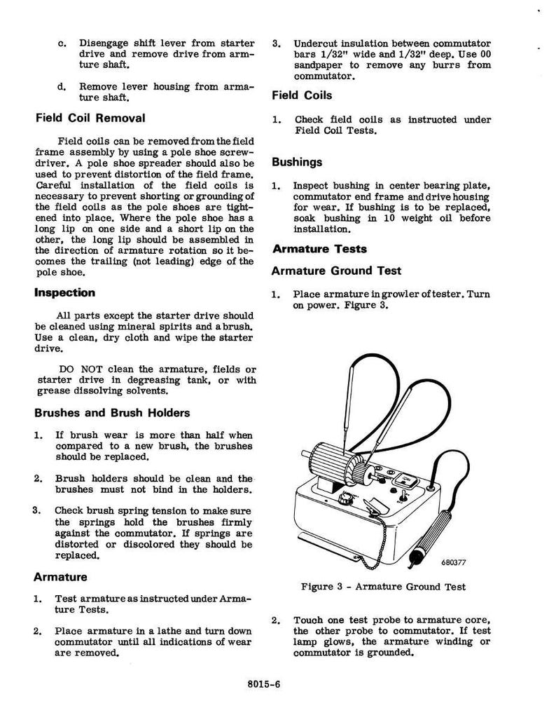 May include: A page from a manual with text and diagrams detailing armature ground tests. The image includes a diagram of a testing device with probes connected to a cylindrical component, and text describing the testing procedure.