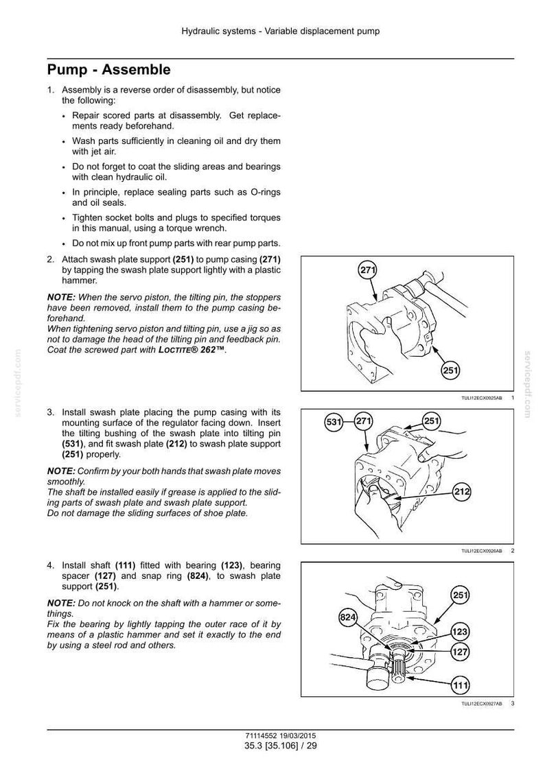 Puede incluir: Diagrama de un conjunto de bomba hidr&aacute;ulica con piezas numeradas e instrucciones. Incluye ilustraciones de los componentes de la bomba, como el soporte de la placa oscilante (251), la carcasa de la bomba (271) y el eje (111). El texto incluye los pasos de montaje.