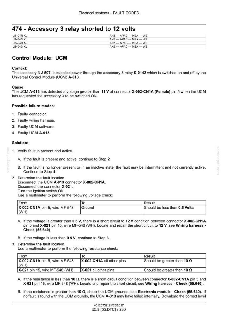 May include: A diagnostic document titled "Electrical systems - FAULT CODES" with troubleshooting steps for a shorted accessory relay. Includes voltage and resistance checks, connector and wiring harness information, and fault codes.
