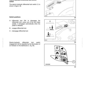 May include: A technical manual page titled Section 55 Electrical Systems Chapter 2, featuring diagrams of an electro-hydraulic differential lock control switch. It includes switch position instructions labeled A, B, and C, and a dashboard indicator icon.