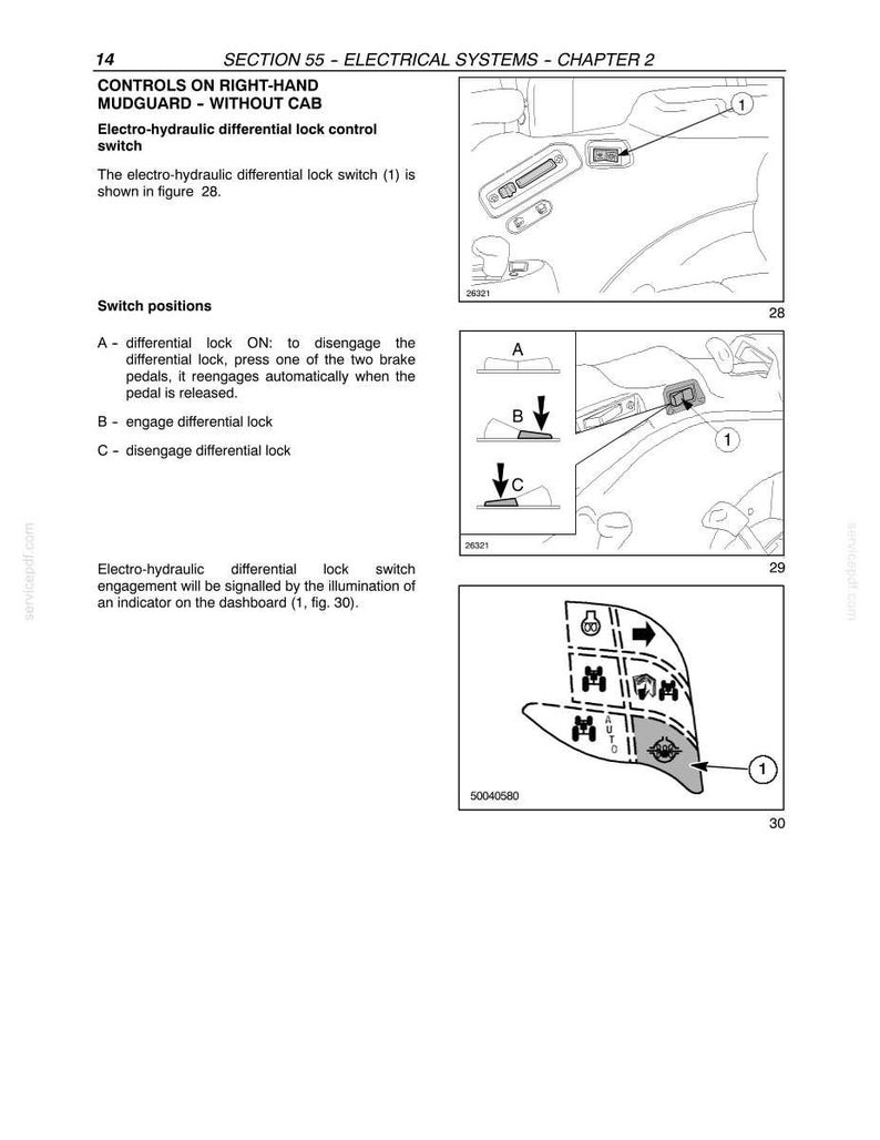 May include: A technical manual page titled Section 55 Electrical Systems Chapter 2, featuring diagrams of an electro-hydraulic differential lock control switch. It includes switch position instructions labeled A, B, and C, and a dashboard indicator icon.