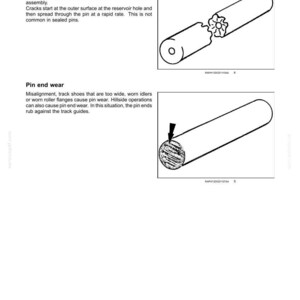 Op de afbeelding: Diagrammen die problemen met de ophanging van de rupsbanden illustreren. E&eacute;n diagram toont een gebroken pin, de andere slijtage aan het uiteinde van de pin. De tekst legt oorzaken uit zoals onjuiste installatie en verkeerde uitlijning.