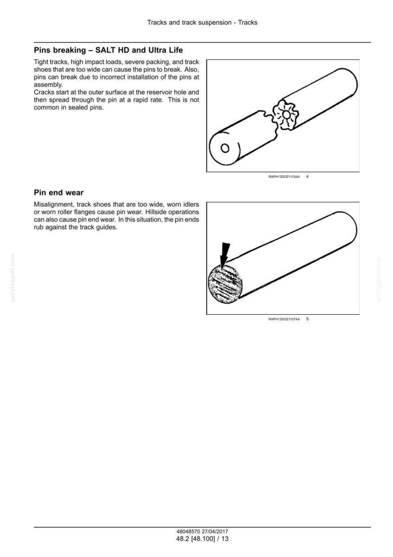 Op de afbeelding: Diagrammen die problemen met de ophanging van de rupsbanden illustreren. E&eacute;n diagram toont een gebroken pin, de andere slijtage aan het uiteinde van de pin. De tekst legt oorzaken uit zoals onjuiste installatie en verkeerde uitlijning.