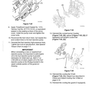 May include: A technical service manual page titled Fuel System featuring black and white line drawings labeled Figure 7-33, 7-34, and 7-35. The diagrams illustrate the fuel injection pump, insulator, coolant pump V-pulley, and cooling fan assembly.