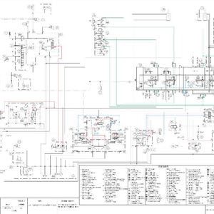Op de afbeelding: Een gedetailleerd technisch diagram met talrijke lijnen, symbolen en annotaties. Het diagram is voornamelijk zwart-wit, met enkele lijnen in rood en blauw. Het lijkt een schema of blauwdruk te zijn, waarschijnlijk voor een elektrisch of mechanisch systeem.