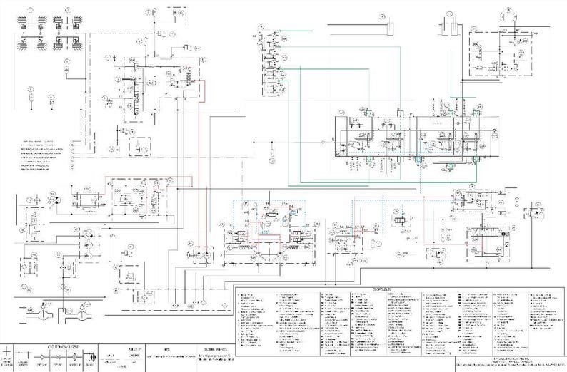 Op de afbeelding: Een gedetailleerd technisch diagram met talrijke lijnen, symbolen en annotaties. Het diagram is voornamelijk zwart-wit, met enkele lijnen in rood en blauw. Het lijkt een schema of blauwdruk te zijn, waarschijnlijk voor een elektrisch of mechanisch systeem.