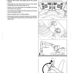 May include: A technical manual page titled 4 - OPERATING INSTRUCTIONS, detailing the procedure for PARKING THE UNIT. It includes black and white line drawings of excavator controls, an ignition switch, a bucket position, and a safety lever.