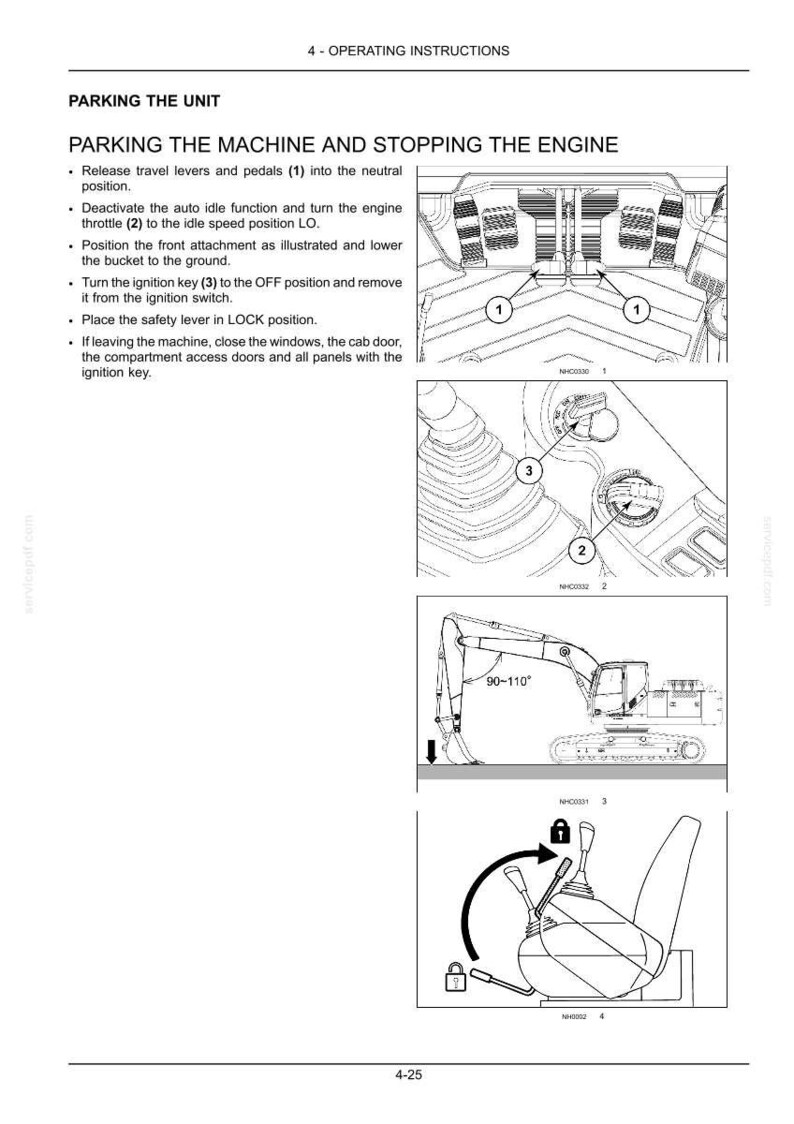 May include: A technical manual page titled 4 - OPERATING INSTRUCTIONS, detailing the procedure for PARKING THE UNIT. It includes black and white line drawings of excavator controls, an ignition switch, a bucket position, and a safety lever.
