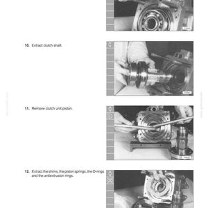 May include: A page from a manual detailing the disassembly and assembly of a transmission. The images show various steps, including extracting the gear block piston, clutch shaft, and clutch unit piston. Text includes "TRANSMISSION" and "DISASSEMBLY AND ASSEMBLY."