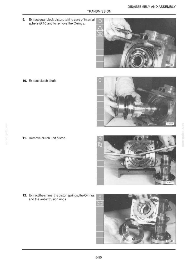 May include: A page from a manual detailing the disassembly and assembly of a transmission. The images show various steps, including extracting the gear block piston, clutch shaft, and clutch unit piston. Text includes "TRANSMISSION" and "DISASSEMBLY AND ASSEMBLY."