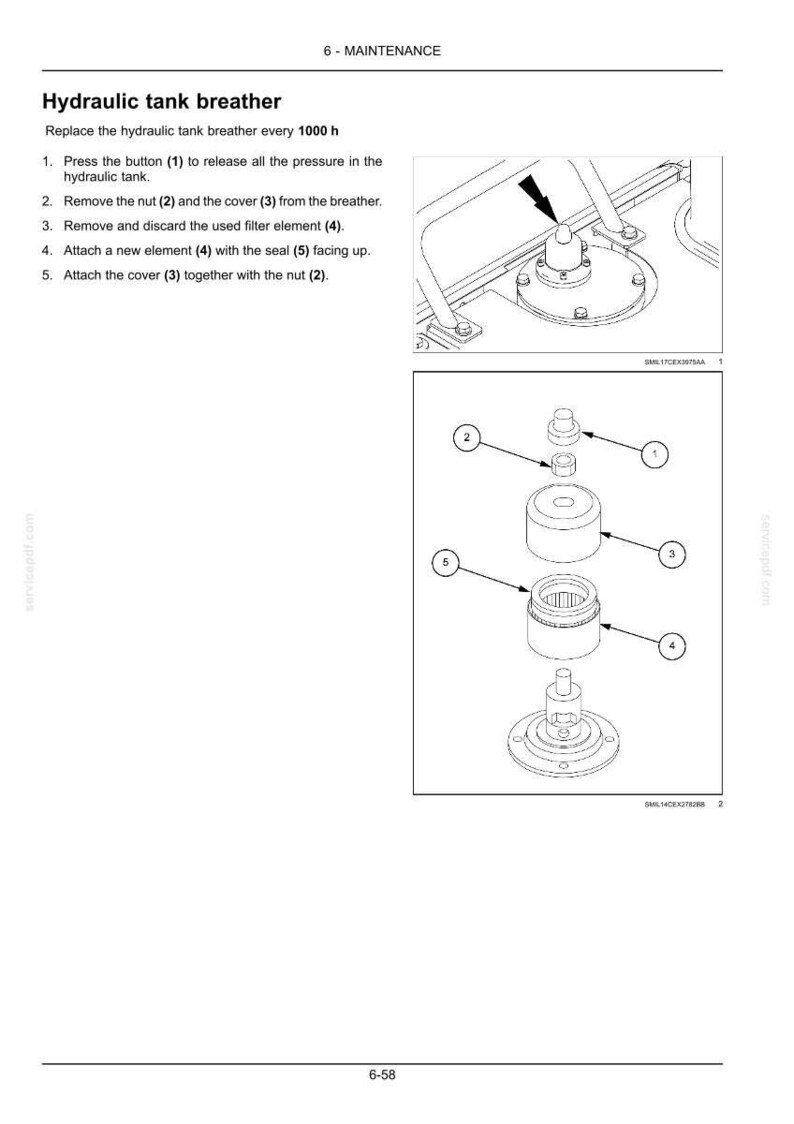 May include: Diagram of a hydraulic tank breather with exploded view of components. Includes a nut, cover, filter element, and seal. Text indicates replacement instructions and the text "6 - MAINTENANCE".