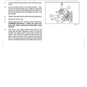 Pode incluir: Diagrama de componentes mec&acirc;nicos da dire&ccedil;&atilde;o com instru&ccedil;&otilde;es para ajustar os controles manuais com uma bomba servo. Inclui etapas numeradas e ilustra&ccedil;&otilde;es de parafusos, porcas e hastes. O texto inclui n&uacute;meros de modelo.