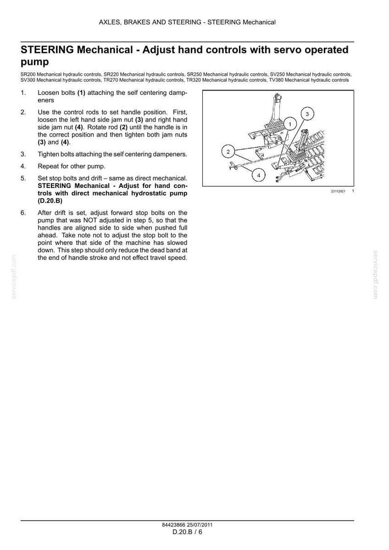 Pode incluir: Diagrama de componentes mec&acirc;nicos da dire&ccedil;&atilde;o com instru&ccedil;&otilde;es para ajustar os controles manuais com uma bomba servo. Inclui etapas numeradas e ilustra&ccedil;&otilde;es de parafusos, porcas e hastes. O texto inclui n&uacute;meros de modelo.