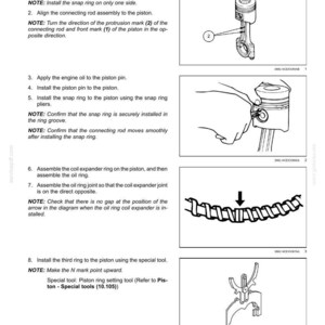 May include: Diagram of engine piston assembly with connecting rods, snap rings, and oil rings. Instructions include aligning parts and installing rings. Text includes "Piston - Assemble" and "Engine - Connecting rods and pistons".