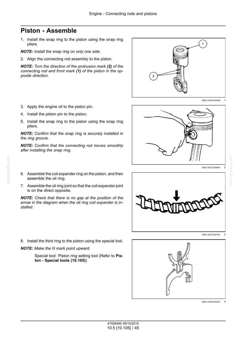 May include: Diagram of engine piston assembly with connecting rods, snap rings, and oil rings. Instructions include aligning parts and installing rings. Text includes "Piston - Assemble" and "Engine - Connecting rods and pistons".