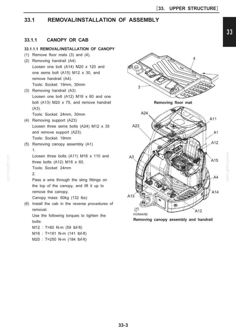 May include: A technical manual page titled 33. UPPER STRUCTURE detailing the removal and installation of a canopy or cab. It features black and white line drawings of machinery components, labeled parts, and text instructions with a canopy mass of 132 lbs.