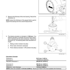 May include: Diagram of a front axle system with instructions for installing a pinion. Includes illustrations of the differential and measurements in inches and millimeters. Text includes instructions for measuring dimensions and calculating shim thickness.
