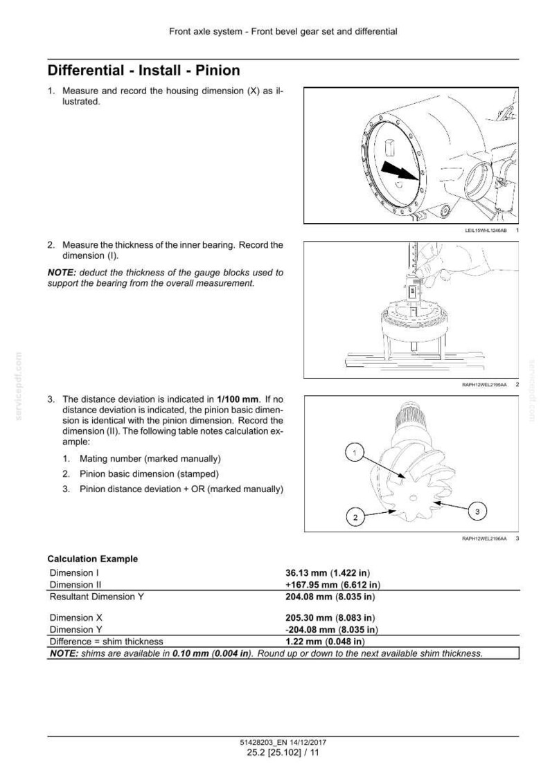 May include: Diagram of a front axle system with instructions for installing a pinion. Includes illustrations of the differential and measurements in inches and millimeters. Text includes instructions for measuring dimensions and calculating shim thickness.