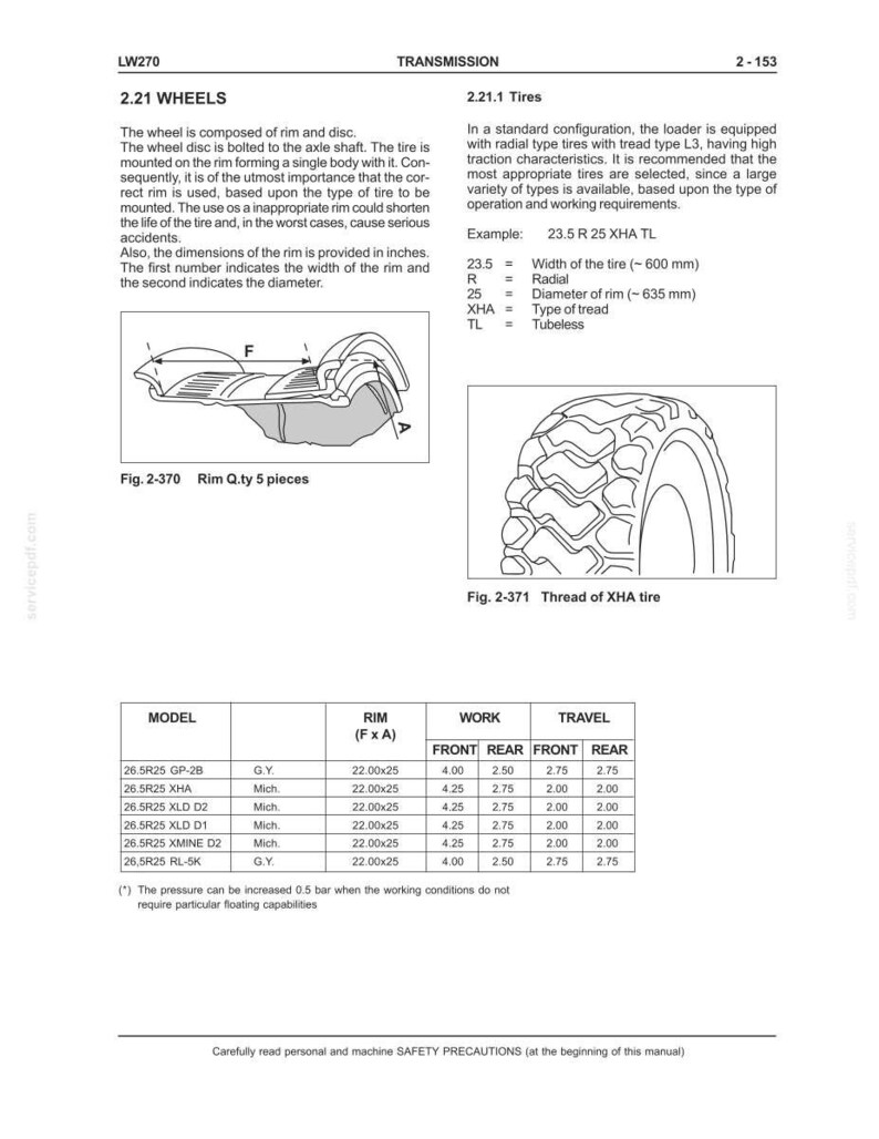 May include: Technical manual page with diagrams and specifications for wheels and tires. Includes tire dimensions, rim details, and a table with model, rim size (22.00x25), and work/travel data.