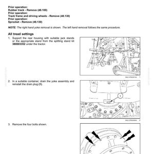 May include: Diagram of a rear axle track yoke assembly removal procedure. The document includes instructions for removing the rubber track, track frame, and driving wheels. It also shows how to support the rear housing and remove bolts.