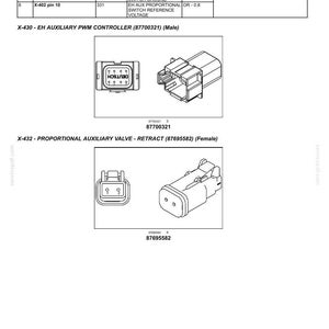 May include: Diagram of electrical system components, including connectors and valves. The image shows detailed illustrations of an auxiliary PWM controller and a proportional auxiliary valve, with labels and part numbers.