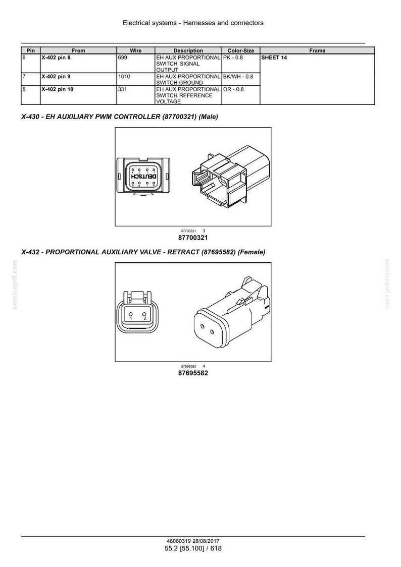 May include: Diagram of electrical system components, including connectors and valves. The image shows detailed illustrations of an auxiliary PWM controller and a proportional auxiliary valve, with labels and part numbers.