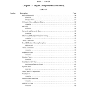 May include: A page from a manual titled "SECTION 10 - ENGINE" with a table of contents for engine components. The table lists items like "Balancer Assembly," "Oil Sump," and "Cylinder Head," with corresponding page numbers.