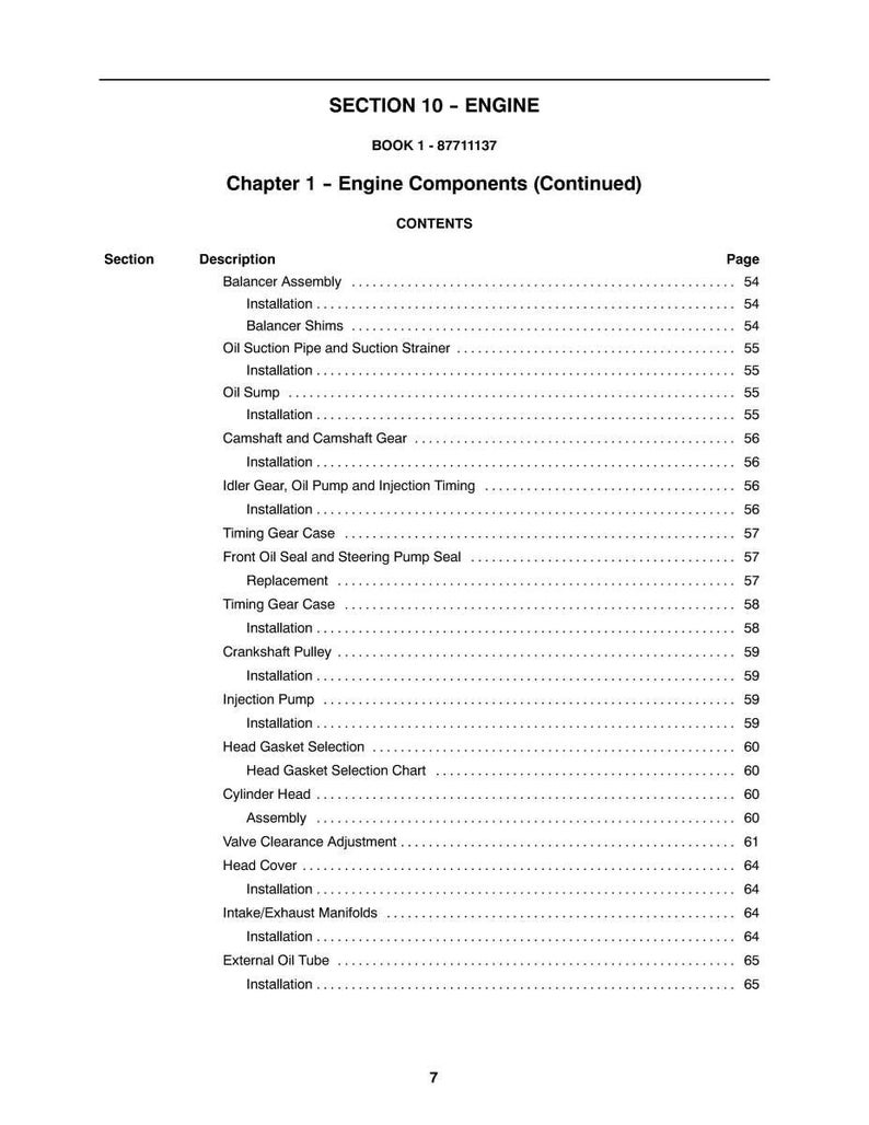 May include: A page from a manual titled "SECTION 10 - ENGINE" with a table of contents for engine components. The table lists items like "Balancer Assembly," "Oil Sump," and "Cylinder Head," with corresponding page numbers.