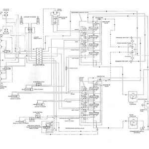 May include: A black and white schematic diagram of a hydraulic system, showing various components like cylinders, valves, and motors. The diagram uses lines to illustrate the flow of fluids within the system.