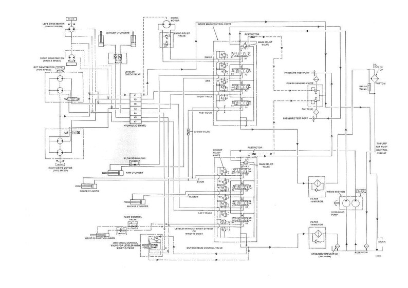 May include: A black and white schematic diagram of a hydraulic system, showing various components like cylinders, valves, and motors. The diagram uses lines to illustrate the flow of fluids within the system.
