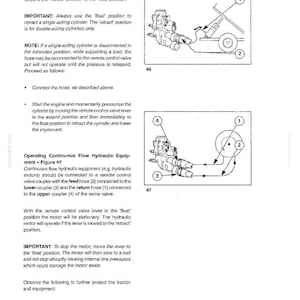 May include: A technical manual page titled OPERATION - HYDRAULICS SYSTEM, Section 1. It features two diagrams, Figure 46 and Figure 47, illustrating hydraulic cylinder retraction and continuous flow equipment connections with numbered components.