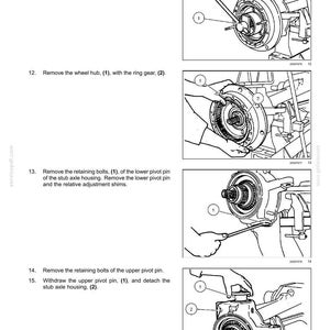 May include: Diagram of front axle components with step-by-step instructions for disassembly. Includes illustrations of removing wheel hubs, retaining bolts, and pivot pins. Text includes part numbers and labels.