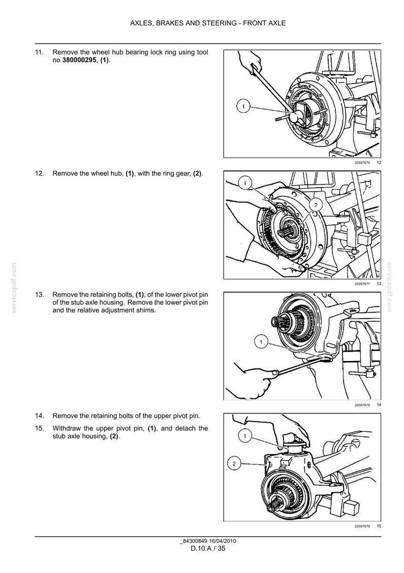 May include: Diagram of front axle components with step-by-step instructions for disassembly. Includes illustrations of removing wheel hubs, retaining bolts, and pivot pins. Text includes part numbers and labels.